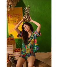 Room Service Jungle Breeze Print Short Sleeve Notch Collar Woven Shorty Pajama Set