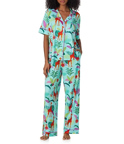 Room Service Jungle Glow Print Short Sleeve Notch Collar Long Jersey Knit Pajama Set