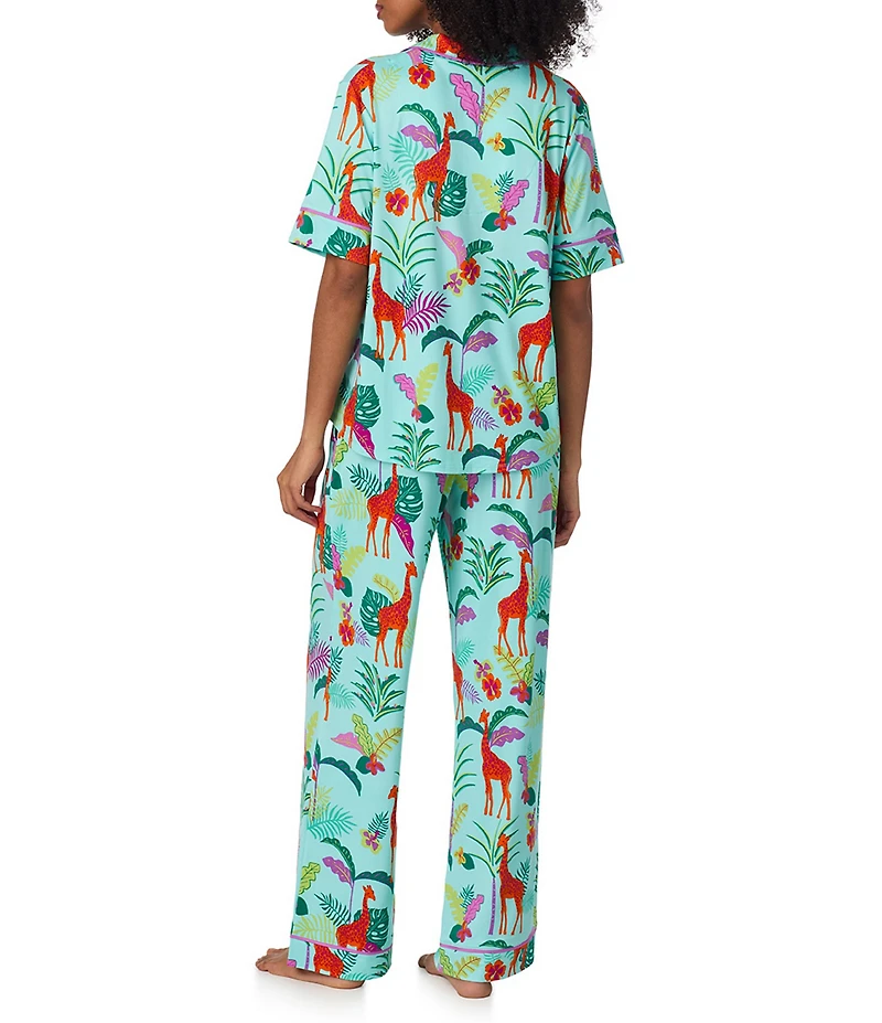 Room Service Jungle Glow Print Short Sleeve Notch Collar Long Jersey Knit Pajama Set