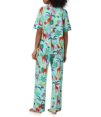 Room Service Jungle Glow Print Short Sleeve Notch Collar Long Jersey Knit Pajama Set