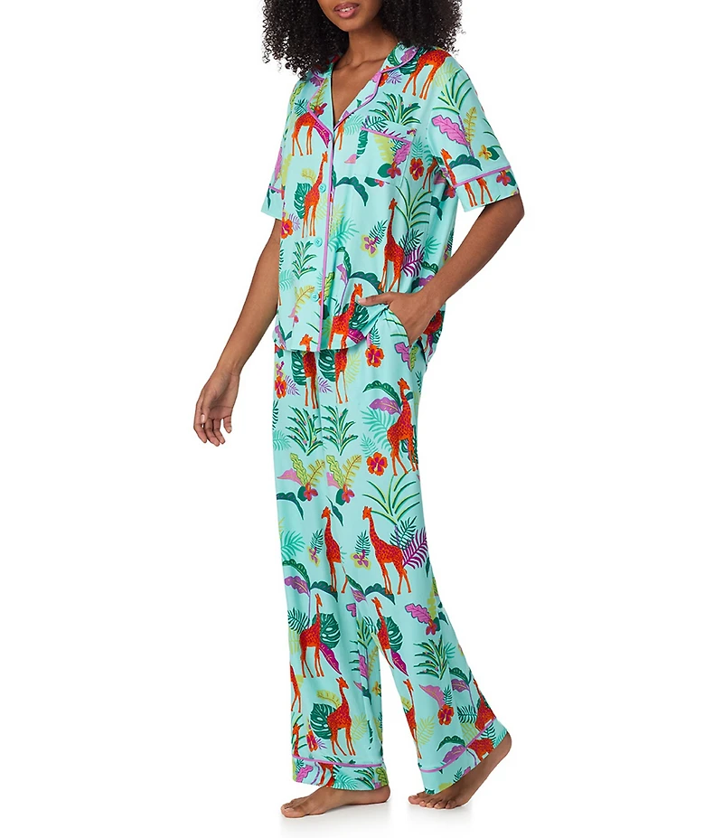 Room Service Jungle Glow Print Short Sleeve Notch Collar Long Jersey Knit Pajama Set