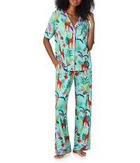 Room Service Jungle Glow Print Short Sleeve Notch Collar Long Jersey Knit Pajama Set