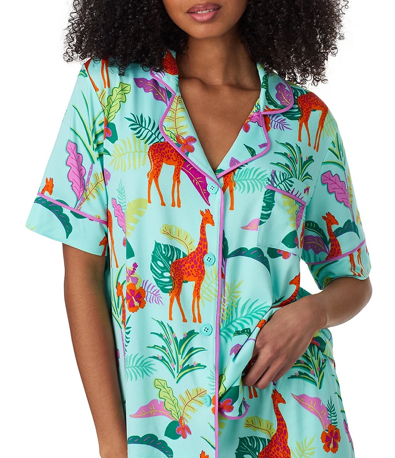 Room Service Jungle Glow Print Short Sleeve Notch Collar Long Jersey Knit Pajama Set