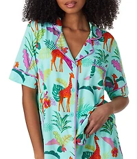 Room Service Jungle Glow Print Short Sleeve Notch Collar Long Jersey Knit Pajama Set