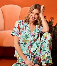 Room Service Jungle Glow Print Short Sleeve Notch Collar Long Jersey Knit Pajama Set