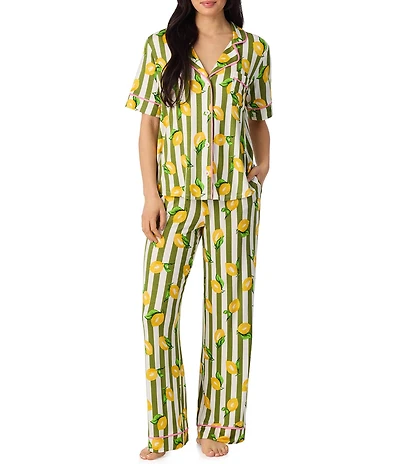 Room Service Lemon Stripe Print Short Sleeve Notch Collar Jersey Knit Long Pajama Set