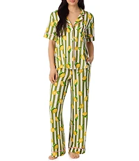Room Service Lemon Stripe Print Short Sleeve Notch Collar Jersey Knit Long Pajama Set