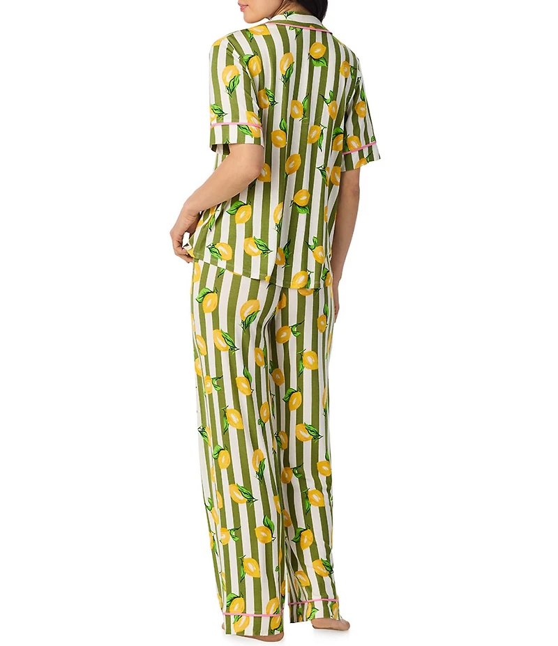 Room Service Lemon Stripe Print Short Sleeve Notch Collar Jersey Knit Long Pajama Set