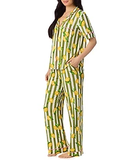 Room Service Lemon Stripe Print Short Sleeve Notch Collar Jersey Knit Long Pajama Set