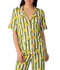 Room Service Lemon Stripe Print Short Sleeve Notch Collar Jersey Knit Long Pajama Set