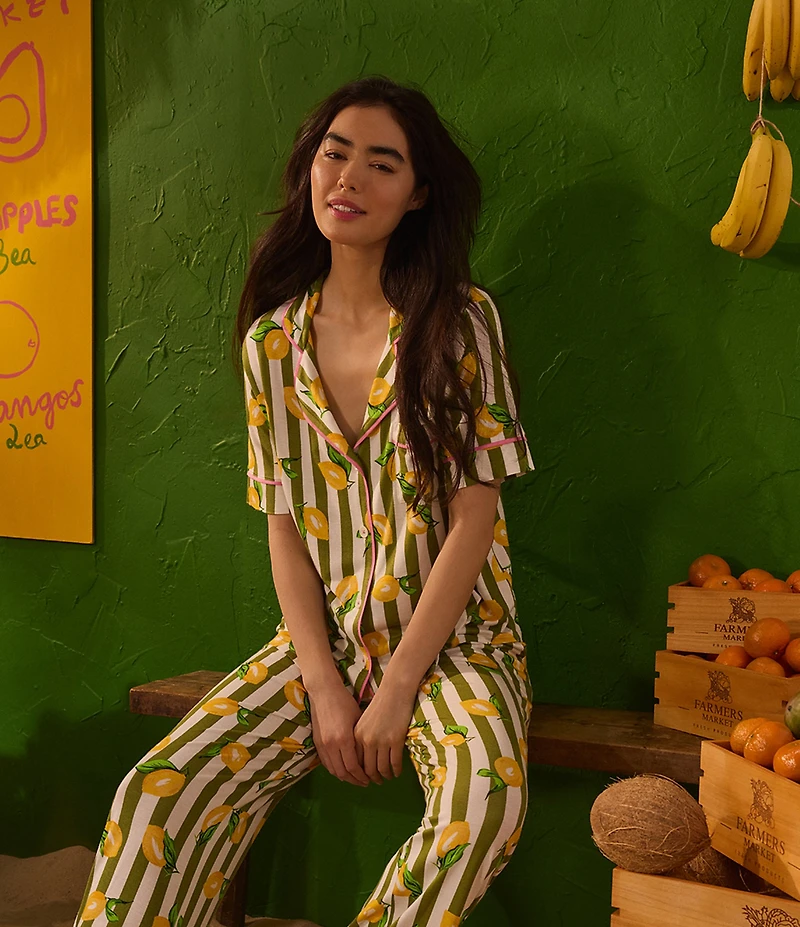 Room Service Lemon Stripe Print Short Sleeve Notch Collar Jersey Knit Long Pajama Set