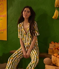 Room Service Lemon Stripe Print Short Sleeve Notch Collar Jersey Knit Long Pajama Set