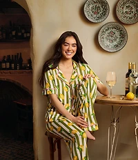 Room Service Lemon Stripe Print Short Sleeve Notch Collar Jersey Knit Long Pajama Set
