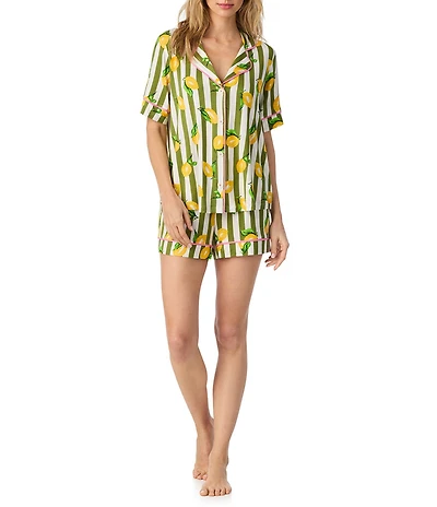 Room Service Lemon Stripe Print Short Sleeve Notch Collar Jersey Knit Shorty Pajama Set