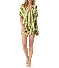 Room Service Lemon Stripe Print Short Sleeve Notch Collar Jersey Knit Shorty Pajama Set