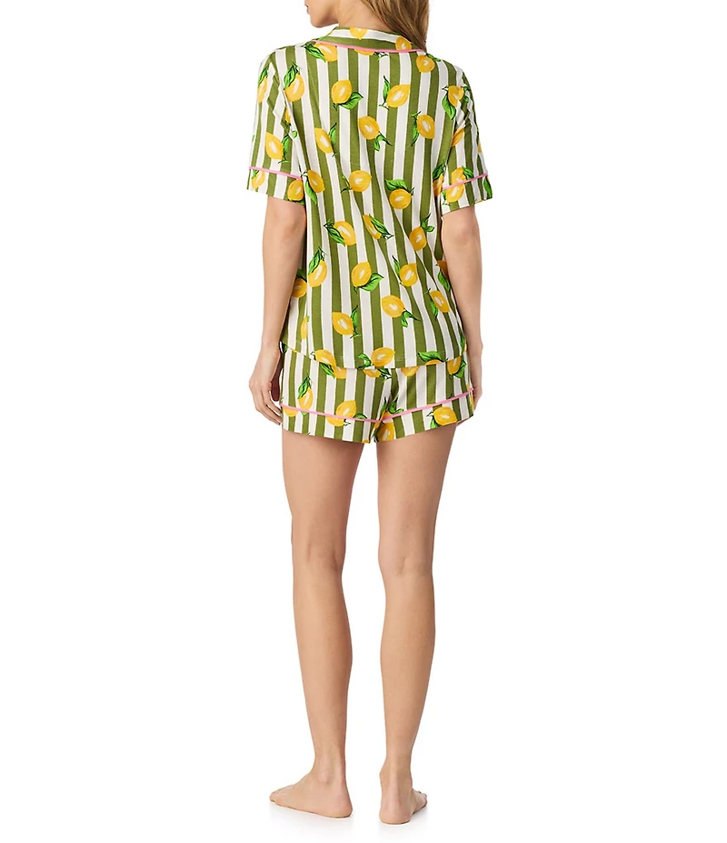 Room Service Lemon Stripe Print Short Sleeve Notch Collar Jersey Knit Shorty Pajama Set