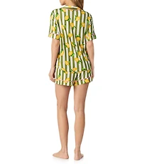 Room Service Lemon Stripe Print Short Sleeve Notch Collar Jersey Knit Shorty Pajama Set