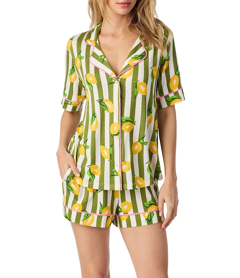 Room Service Lemon Stripe Print Short Sleeve Notch Collar Jersey Knit Shorty Pajama Set