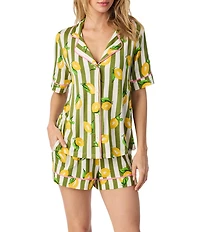 Room Service Lemon Stripe Print Short Sleeve Notch Collar Jersey Knit Shorty Pajama Set