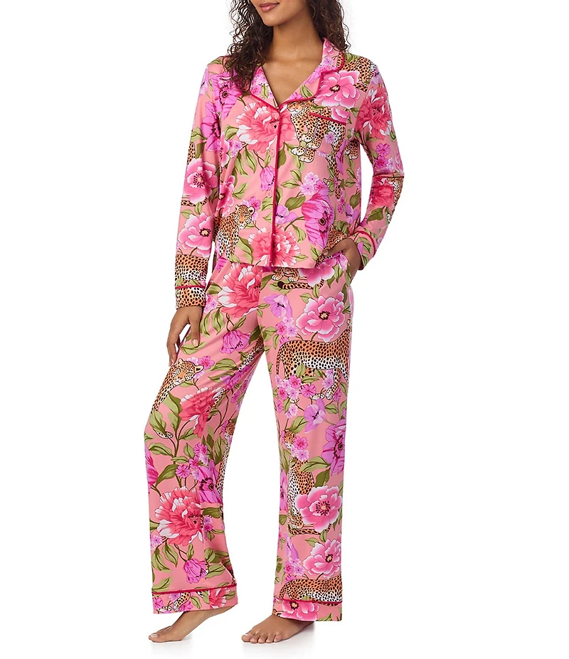 Room Service Leopard Floral Print Long Sleeve Notch Collar Knit Pajama Set