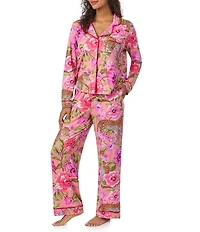 Room Service Leopard Floral Print Long Sleeve Notch Collar Knit Pajama Set