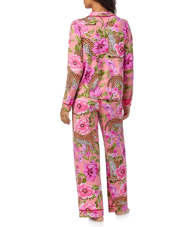 Room Service Leopard Floral Print Long Sleeve Notch Collar Knit Pajama Set