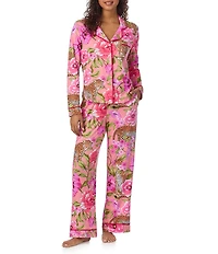 Room Service Leopard Floral Print Long Sleeve Notch Collar Knit Pajama Set
