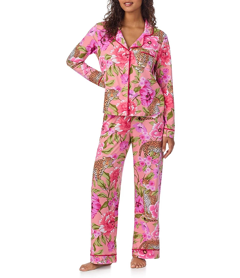 Room Service Leopard Floral Print Long Sleeve Notch Collar Knit Pajama Set