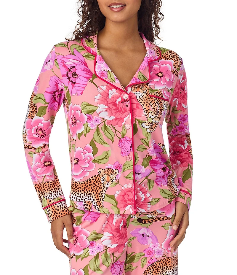 Room Service Leopard Floral Print Long Sleeve Notch Collar Knit Pajama Set