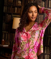 Room Service Leopard Floral Print Long Sleeve Notch Collar Knit Pajama Set