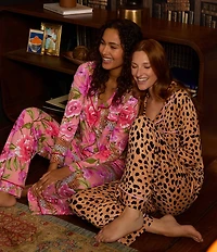 Room Service Leopard Floral Print Long Sleeve Notch Collar Knit Pajama Set
