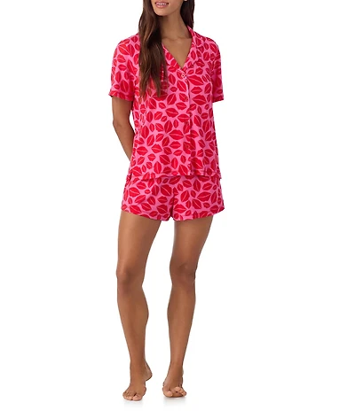 Room Service Lip Print Short Sleeve Notch Collar Marshmallow Knit Shorty Valentine's Day Pajama Set