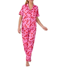 Room Service Lobster Print Short Sleeve Notch Collar Cozy Jersey Knit Long Pajama Set