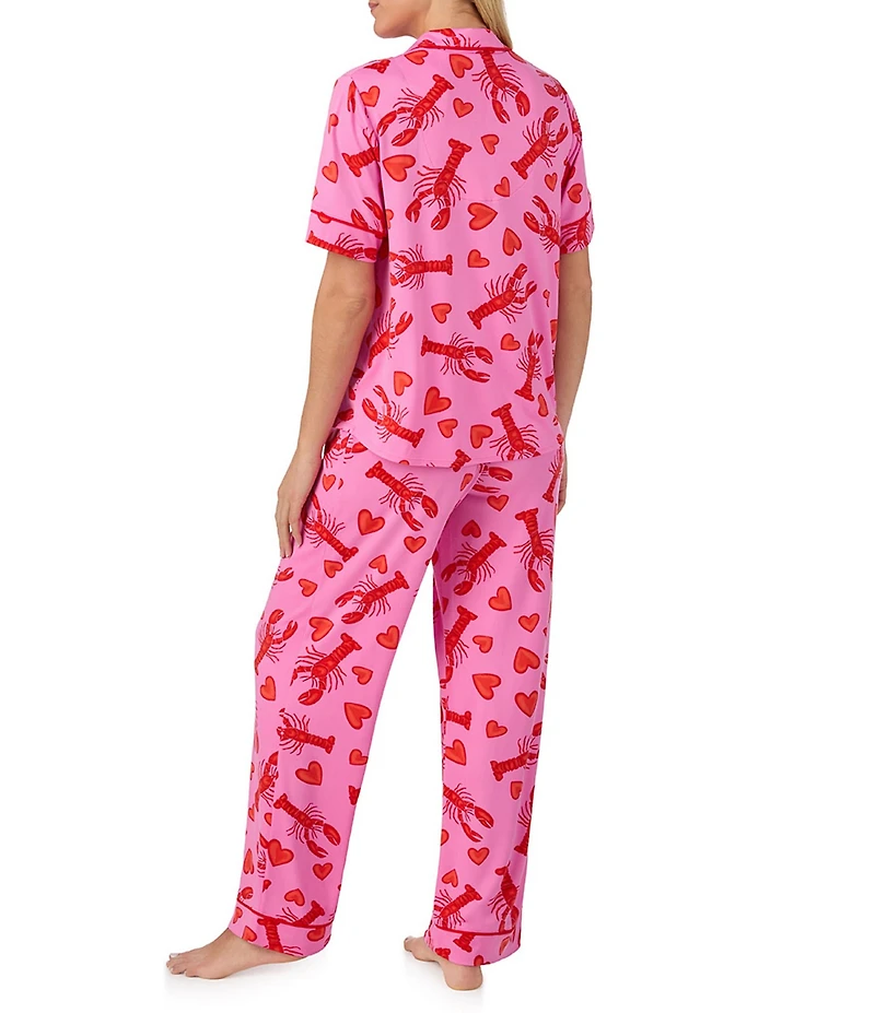 Room Service Lobster Print Short Sleeve Notch Collar Cozy Jersey Knit Long Pajama Set