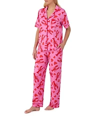 Room Service Lobster Print Short Sleeve Notch Collar Cozy Jersey Knit Long Pajama Set