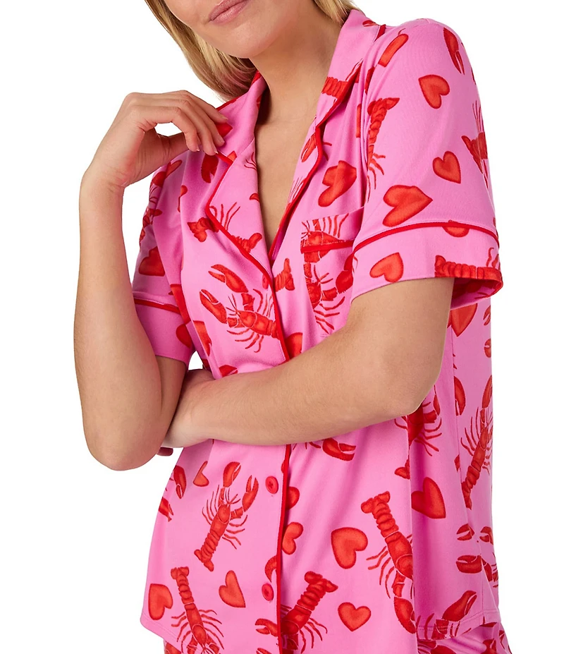 Room Service Lobster Print Short Sleeve Notch Collar Cozy Jersey Knit Long Pajama Set