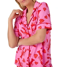 Room Service Lobster Print Short Sleeve Notch Collar Cozy Jersey Knit Long Pajama Set