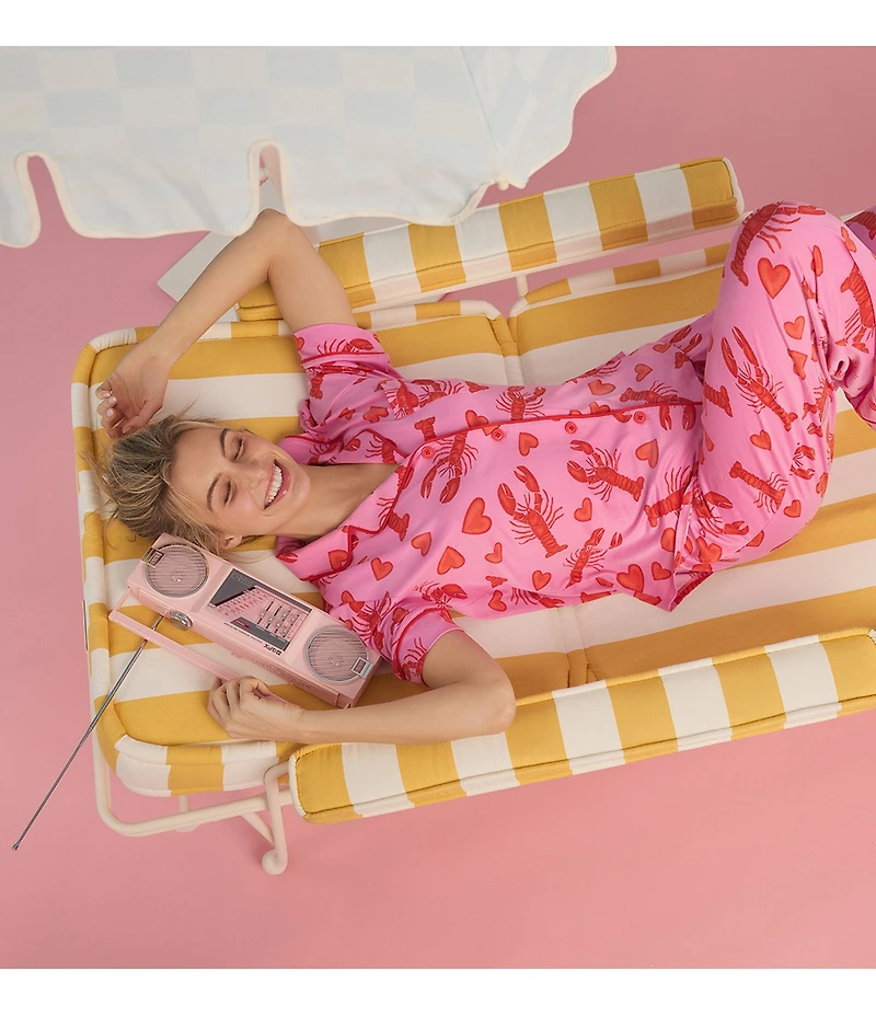 Room Service Lobster Print Short Sleeve Notch Collar Cozy Jersey Knit Long Pajama Set