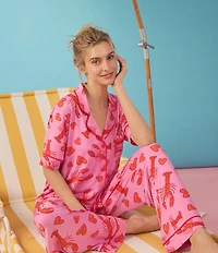 Room Service Lobster Print Short Sleeve Notch Collar Cozy Jersey Knit Long Pajama Set