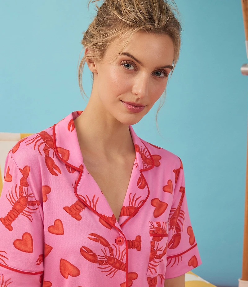 Room Service Lobster Print Short Sleeve Notch Collar Cozy Jersey Knit Long Pajama Set