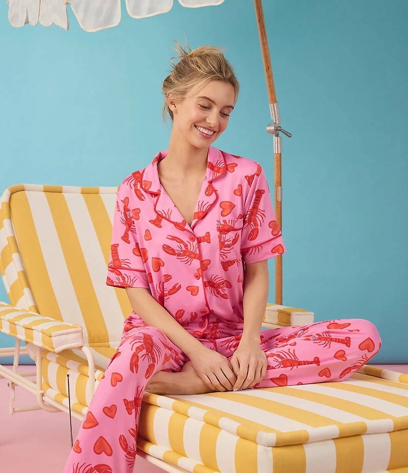 Room Service Lobster Print Short Sleeve Notch Collar Cozy Jersey Knit Long Pajama Set
