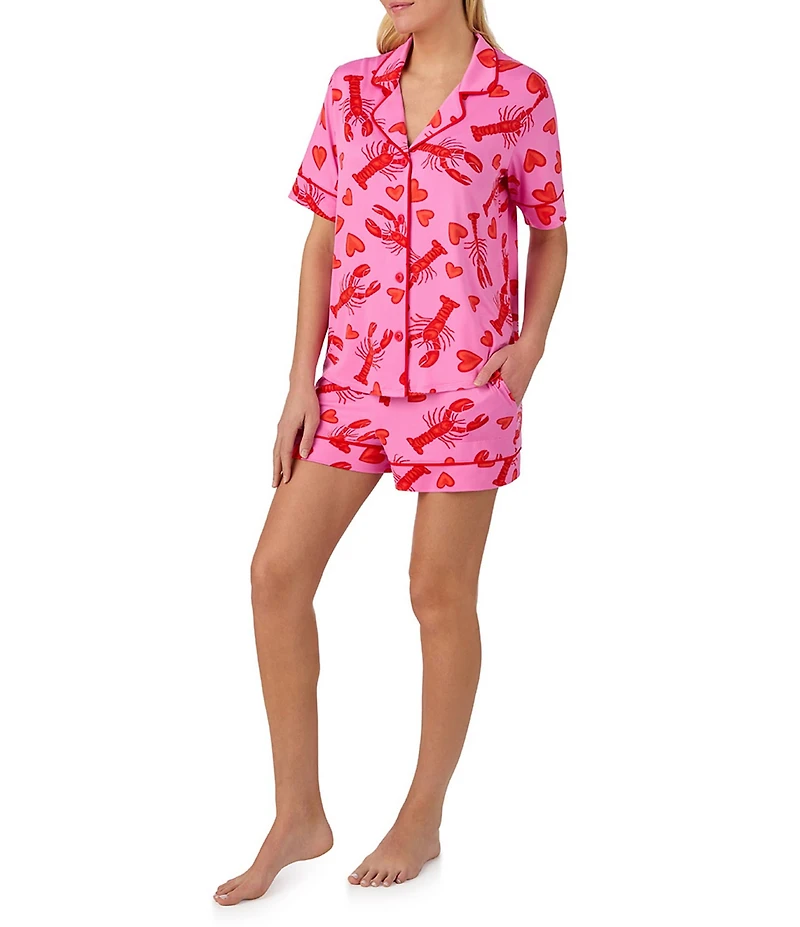 Room Service Lobster Print Short Sleeve Notch Collar Cozy Jersey Knit Shorty Pajama Set