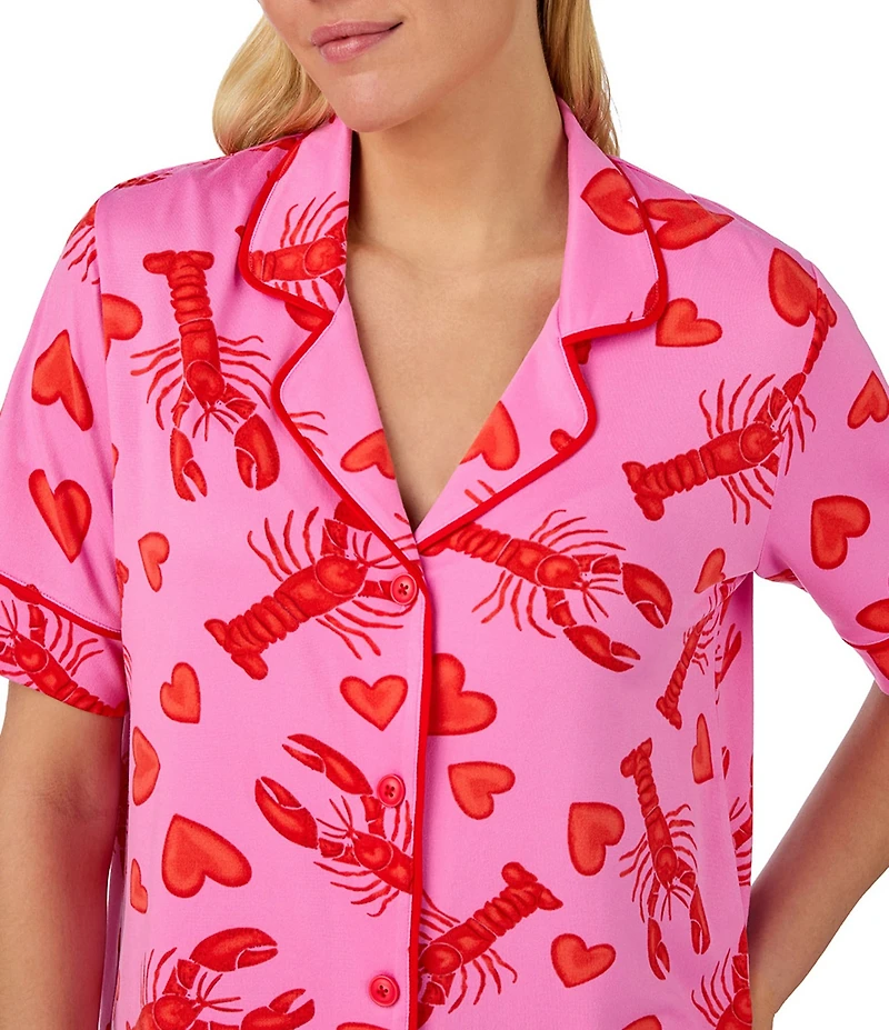 Room Service Lobster Print Short Sleeve Notch Collar Cozy Jersey Knit Shorty Pajama Set