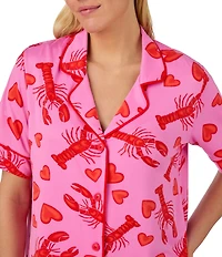 Room Service Lobster Print Short Sleeve Notch Collar Cozy Jersey Knit Shorty Pajama Set
