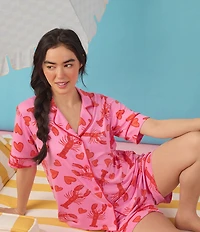 Room Service Lobster Print Short Sleeve Notch Collar Cozy Jersey Knit Shorty Pajama Set