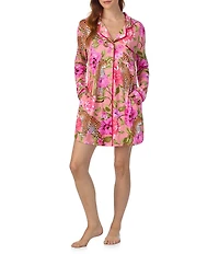 Room Service Long Sleeve Notch Collar Button-Front Knit Leopard Floral Print Sleepshirt