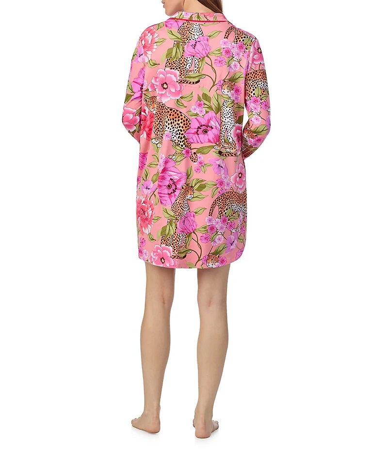 Room Service Long Sleeve Notch Collar Button-Front Knit Leopard Floral Print Sleepshirt