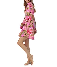 Room Service Long Sleeve Notch Collar Button-Front Knit Leopard Floral Print Sleepshirt