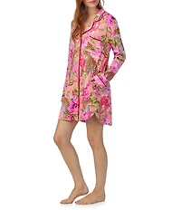 Room Service Long Sleeve Notch Collar Button-Front Knit Leopard Floral Print Sleepshirt