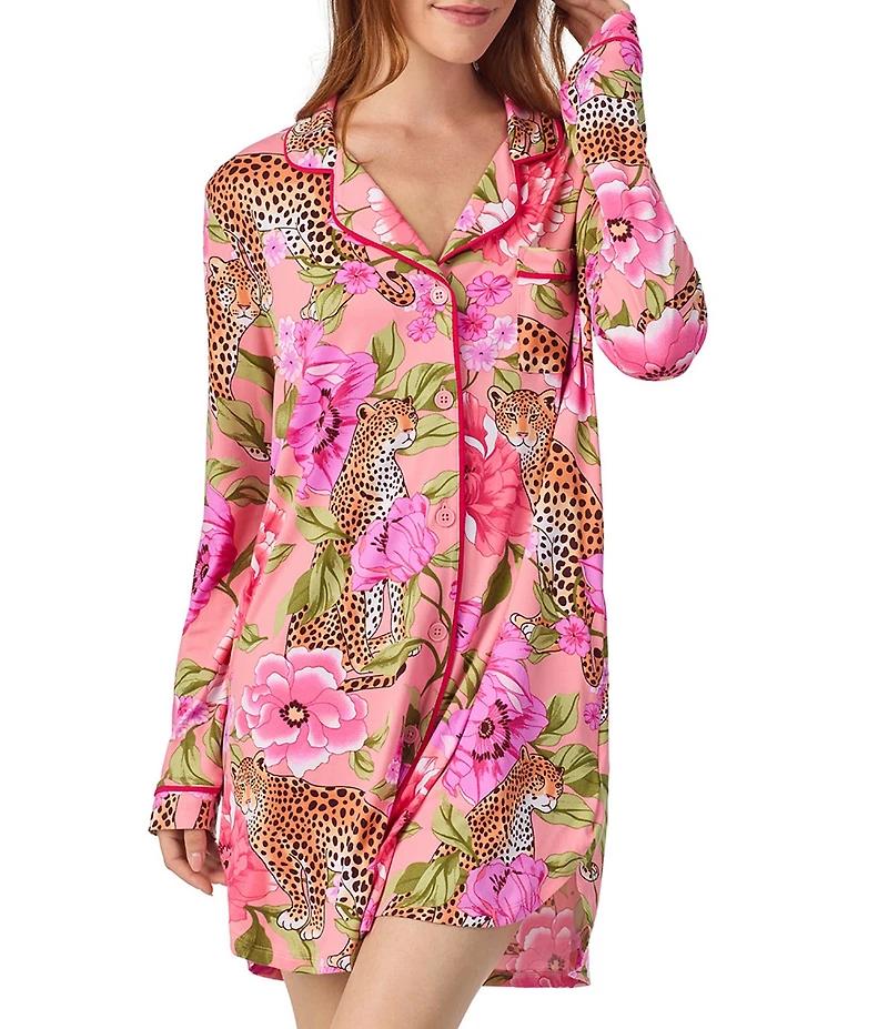 Room Service Long Sleeve Notch Collar Button-Front Knit Leopard Floral Print Sleepshirt